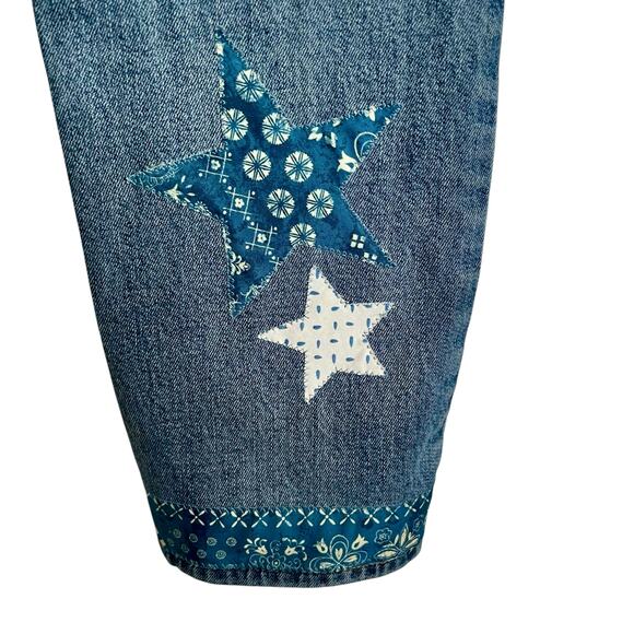 Upcycled Jeans Boho Style Patched Bleached Star Design Waist 34-36" Tapered Leg - Picture 8 of 9
